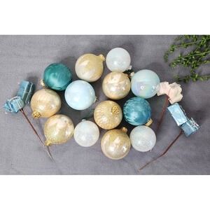 Vintage Blue White Gold Glass Christmas Tree Ornaments Ball Presents Picks 16 Pc